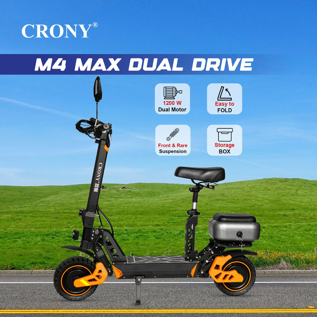 CRONY M4 Max Dual Drive Electric Scooter 1200Wx2 Motors 48V/20AH Battery 35-50KM Range Disc Brakes Front/Rear Suspension