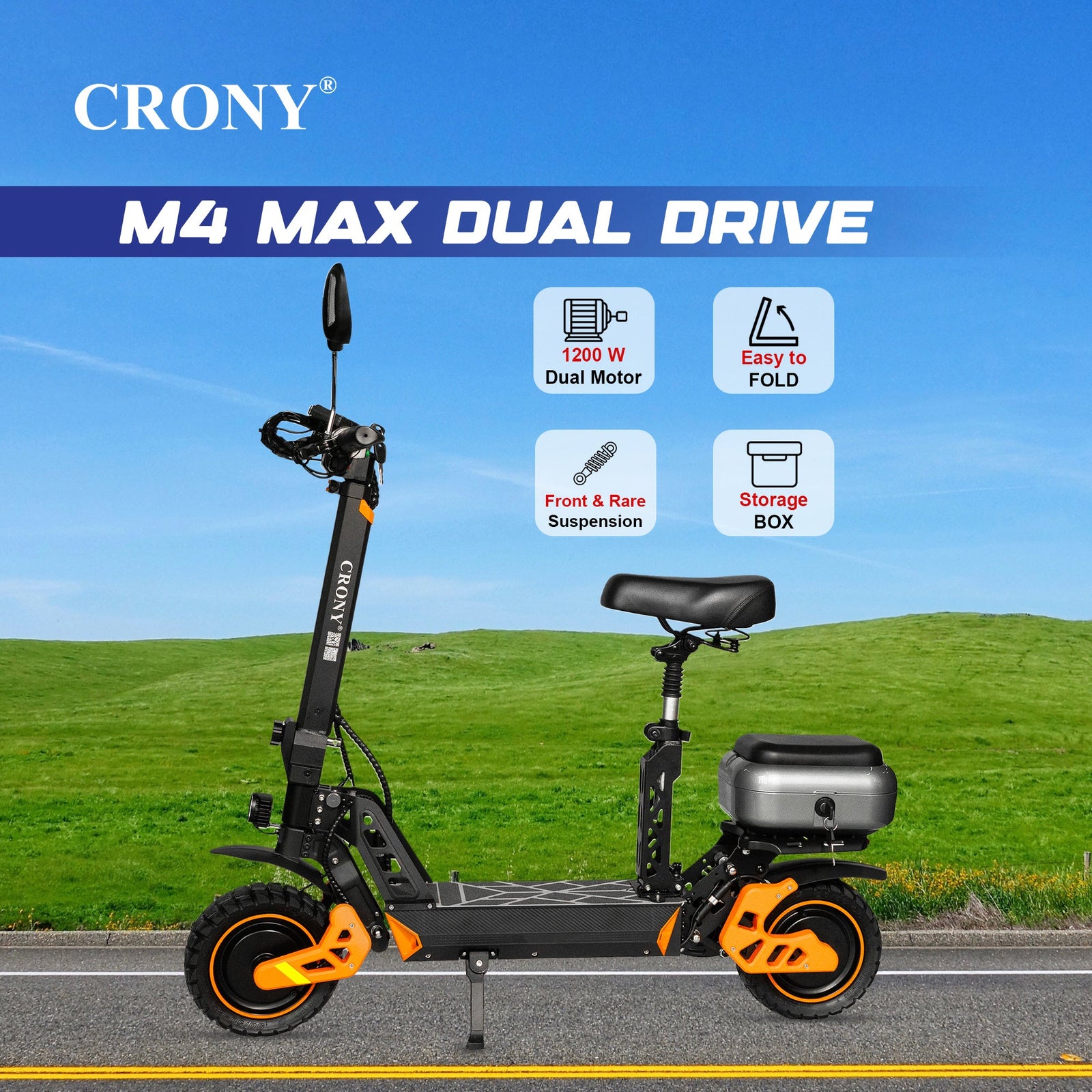 CRONY M4 Max Dual Drive Electric Scooter 1200Wx2 Motors 48V/20AH Battery 35-50KM Range Disc Brakes Front/Rear Suspension
