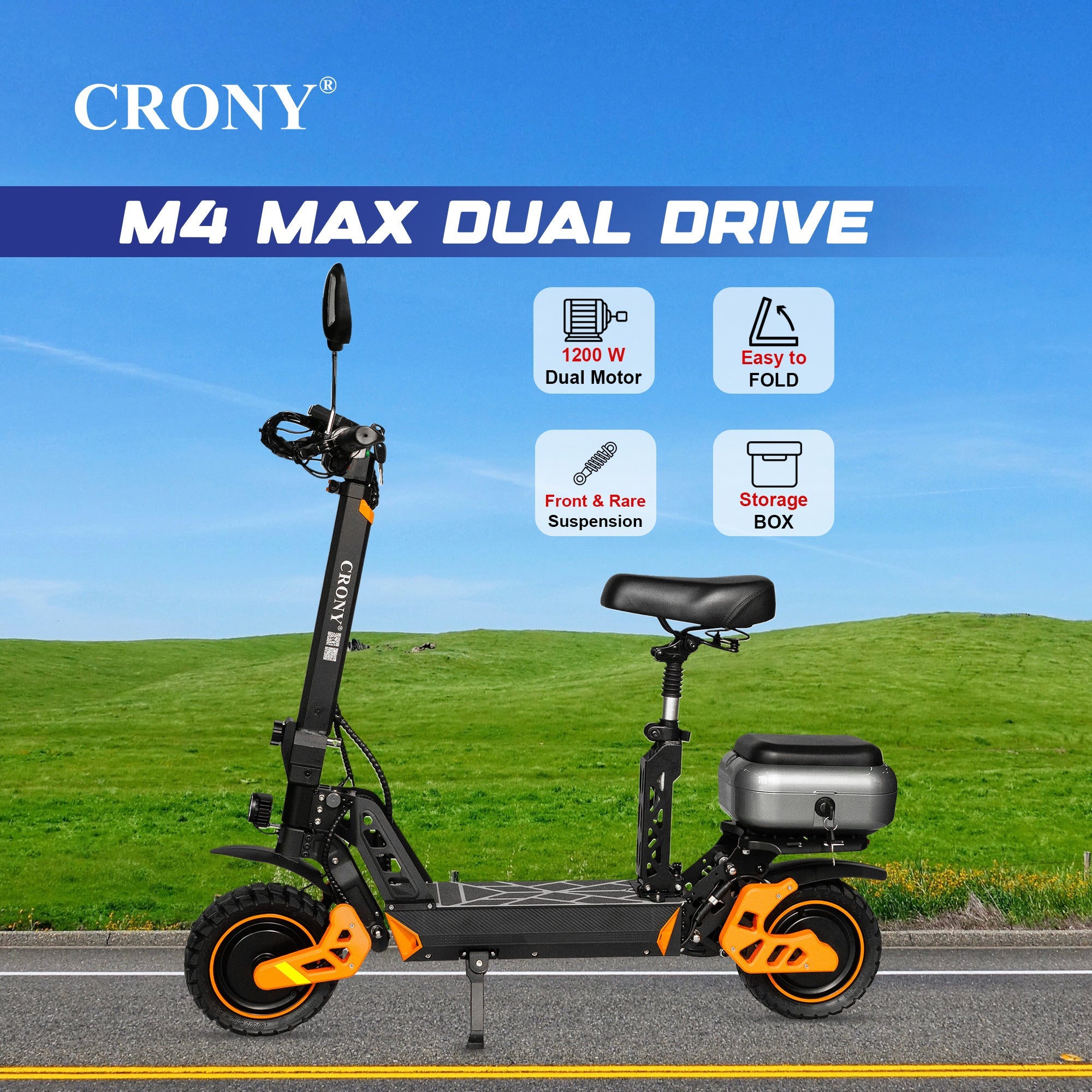 CRONY M4 Max Dual Drive Electric Scooter 1200Wx2 Motors 48V/20AH Battery 35-50KM Range Disc Brakes Front/Rear Suspension