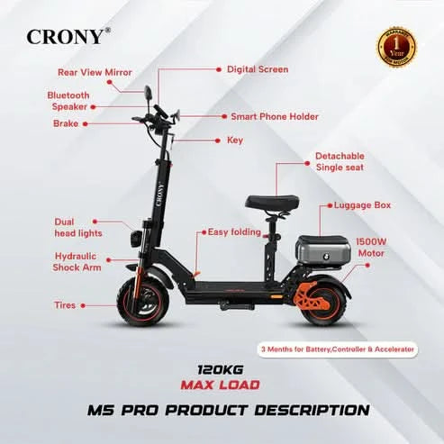 Crony M5 Pro – Powerful Electric Scooter (1500W, 80 KM/H, Dual Suspension)