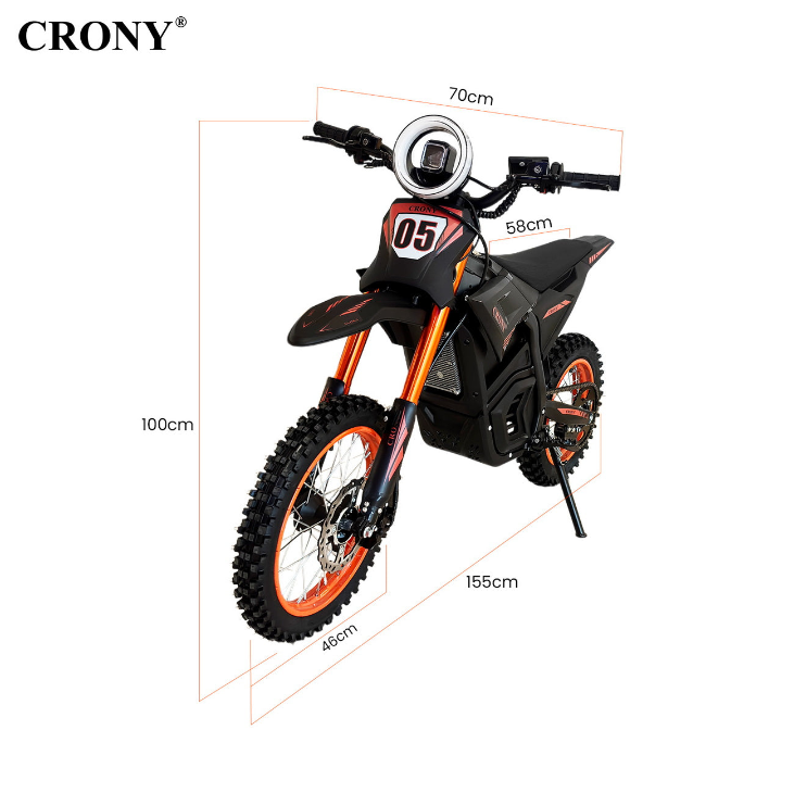CRONY -01 Premium Electric Off-Road Dirt Bike – 2500W Motor, 48V 24Ah Battery, 68KM/H Speed, Dual Suspension, Disc Brakes, LED Headlamp, Bluetooth Speaker & Phone Holder.