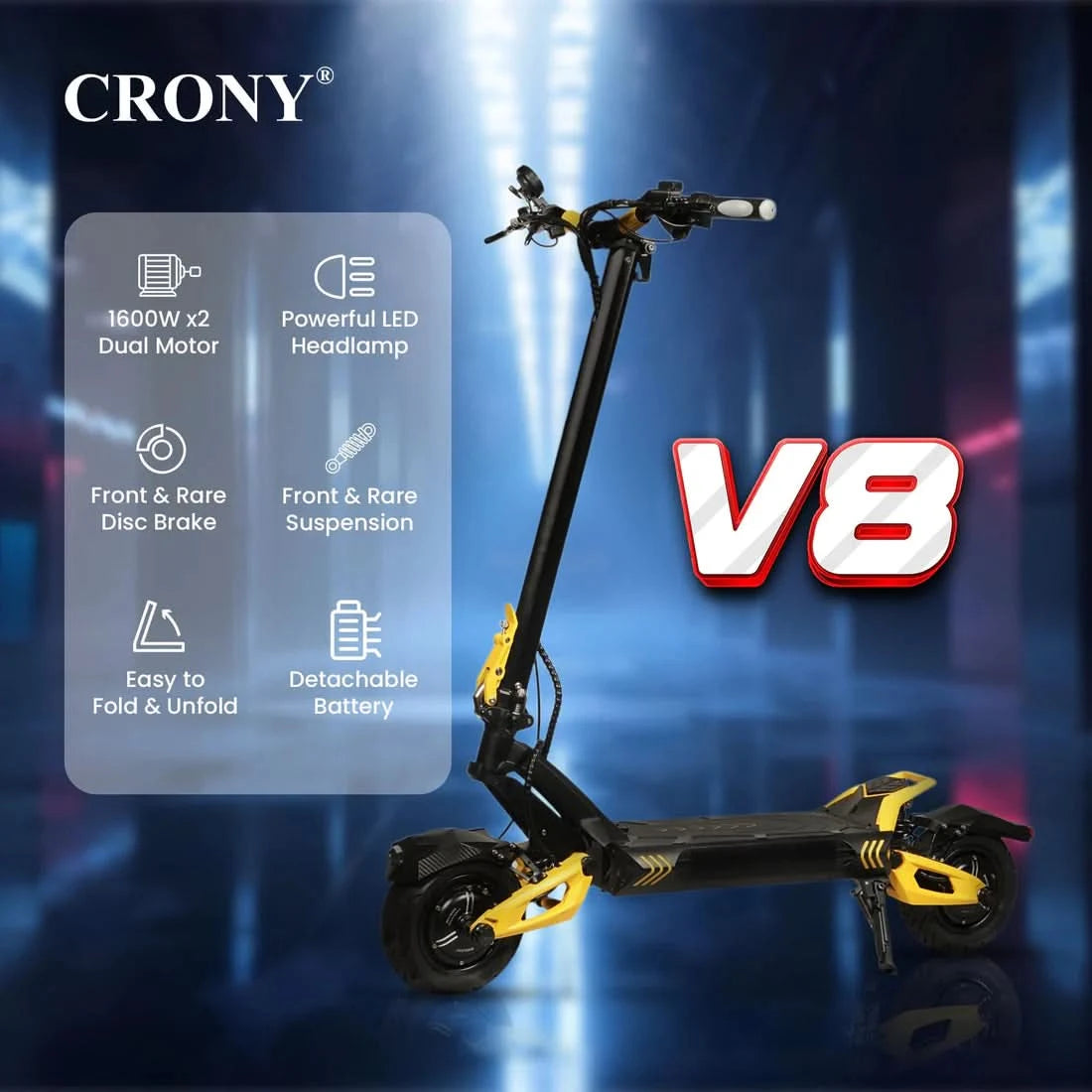 Crony V8 – Dual Motor Electric Scooter (1600Wx2, 80 KM/H, Detachable Battery)
